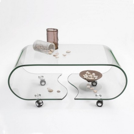 Mesa de centro con ruedas y cristal curvado de una pieza COFFEE de 90x50x38 cm