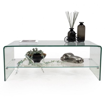 Mesa de centro de cristal curvado de una pieza con balda revistero MURANO de 110x60x40 cm